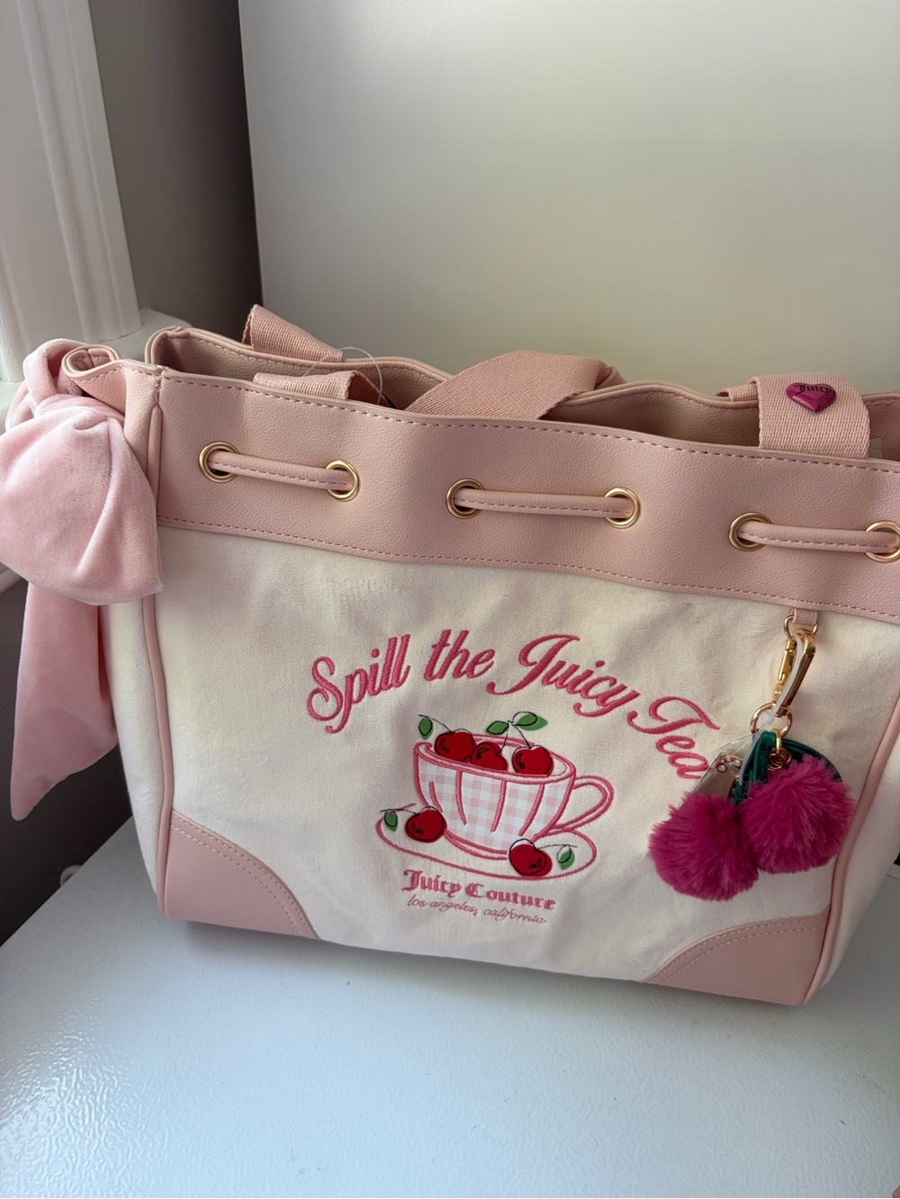 Juicy Couture Pink 'Spill the Juicy Tea' Cherry Tote Bag